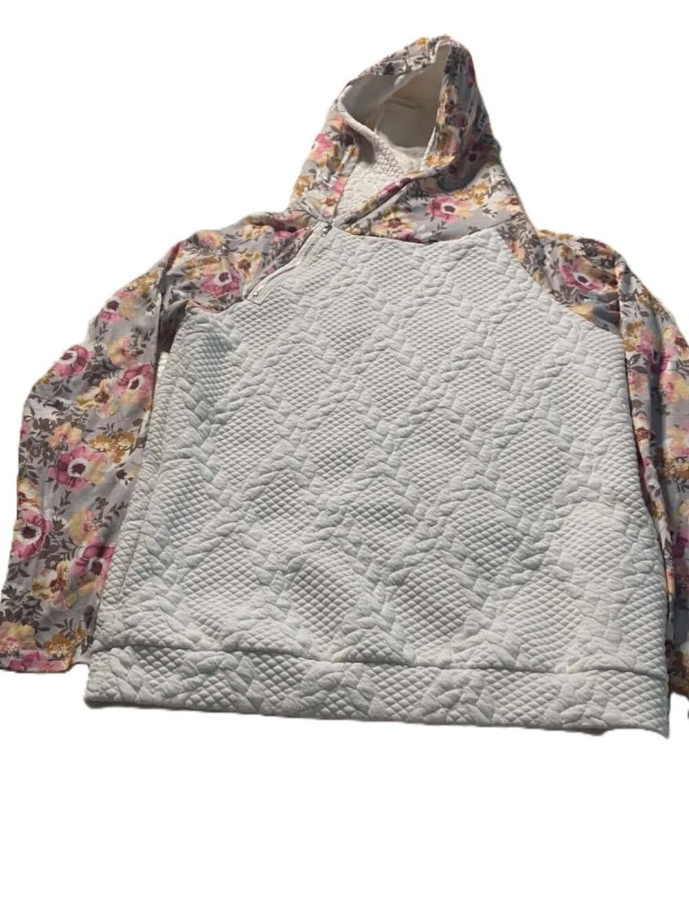 AMOLI Floral Quilted Hoodie Women's Large Ivory Gray Faux Zip Raglan
